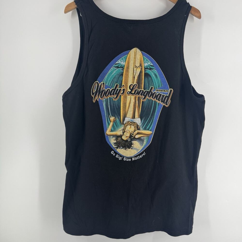 VTG Woody’s Longboards Black Tank Top Pin Up Surfer Girl Size Matters HAWAII